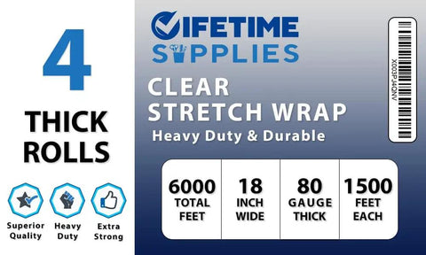 Heavy Duty 80 Gauge Clear Stretch Film Rolls, 4 Rolls, 18 Inch By 1500 Feet Each, Industrial Strength Packing Wrap Label