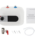 Premium Super Smooth 110V Under Sink Electric Water Heater Delivering Rock Solid 1500W Instant Heat And Hassle Free Auto Refill Design For Tight Bathroom Corners with manual and accessories.