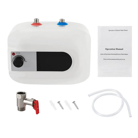 Premium Super Smooth 110V Under Sink Electric Water Heater Delivering Rock Solid 1500W Instant Heat And Hassle Free Auto Refill Design For Tight Bathroom Corners with manual and accessories.