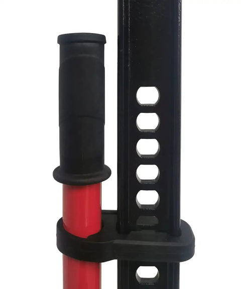 Premium Black Rubber Handle Grip For Hi-Lift Jacks And Off Road Lifts installed on red jack bar, showing non-slip comfort design.