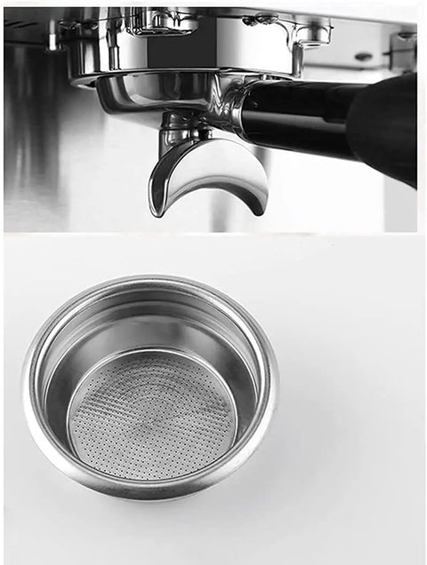 Close-up of brew head and filter basket of Semi Automatic Espresso Machine With Milk Frother For Home Barista Level Brews, Silver