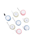8-pack toddler walker wheels with screw-type stems in pink, blue, and beige; omni-directional caster wheels