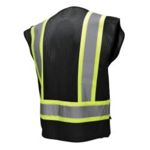No Nonsense Two Tone Safety Vest Black Size Xl Ansi Class 1 Type O Economy Reflective High Visibility Work Gear For Crew Leaders And Hard Hatted Jobsite Contractors - back view showing mesh fabric and reflective strips.