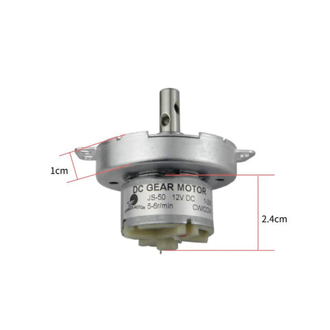 12V DC Geared Motor JS-50 Low Speed Mini Brushless Gear Motor with 20 RPM CW CCW, silver body, side view showing dimensions