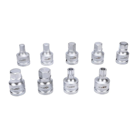 Rock Solid 9 Pcs Heavy Duty Impact Hex Bit Socket Set With 3 4 Inch Drive, Features Cr Mo Steel Build For Big Jobs Like H14 To H24 Size Allen And M16 M18 Spline Bits That Save Your Tools During Tough Repairs. 9-piece Cr-Mo impact socket bits H14-H24 and M16-M18 on white background