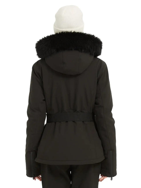 Back view of Women's Ski Jacket For Snowboarding Warm Winter Coat With Hood, Windproof And Waterproof, Short Slim Fit, XL Black