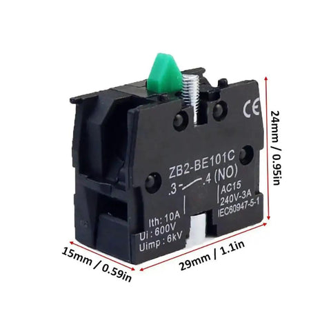 10 Pack Normally Open Contact Block Fits 22 Mm Industrial Push Buttons AC 15 Rated 240 Volt 3 Amp screw terminal auxiliary module in black.