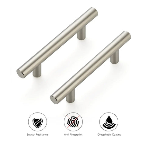 12 Pack 5 Inch Kitchen Cabinet Handles Brushed Nickel Stainless Steel Cabinet Pulls for Cupboards 3 Inch Center to Center Holes Durable Easy Install Modern Kitchen Drawer and Door Hardware showing two horizontal handles with icons of scratch resistance, anti-fingerprint, and oleophobic coating