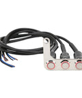 LED Illuminated Handlebar Switch With Stainless Steel Horn, Headlight, And Spot Lamp Control For Motorcycle ATV Dirt Bike Electric Bike, Copper Contacts, Right Side, IP65 Weatherproof with visible wiring.