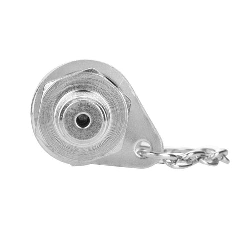 Front view of silver metal hydraulic test cap with chain and central hole