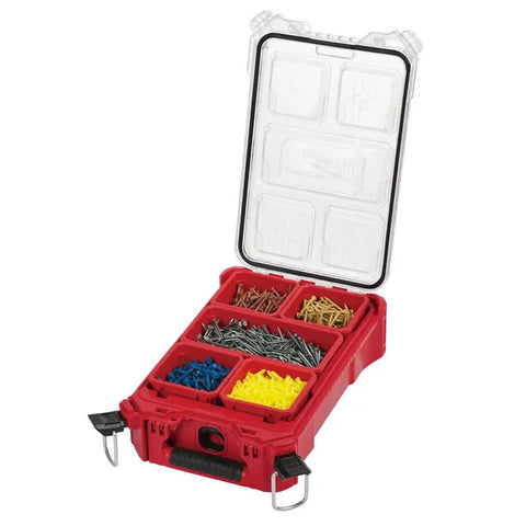 Open Packout 5-Compartment Small Parts Organizer With IP65 Weather Seal, Built Tough And Red Storage Tray displaying various fasteners
