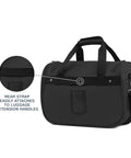 Rear view of ultra lightweight underseat carry on tote for weekend getaways 18 inch slim travel bag 28 L with rear strap for luggage.