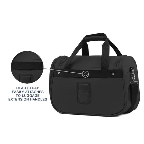 Rear view of ultra lightweight underseat carry on tote for weekend getaways 18 inch slim travel bag 28 L with rear strap for luggage.
