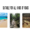 Images of a beach, forest path, and rocky terrain, illustrating the versatility of the Folding Wagon Cart With Removable Canopy And 4 Wheels.