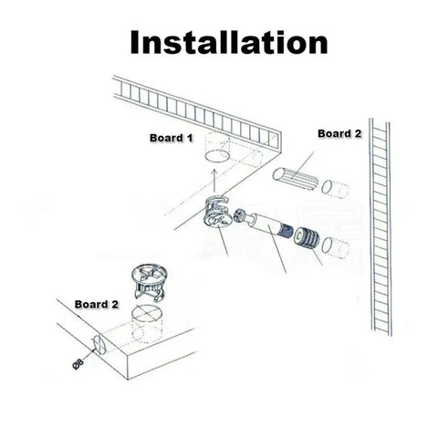 Installation diagram showing Top Shelf 3 In 1 Eccentric Wheel Nut Connectors For Furniture Assembly with boards and connectors.
