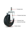 Heavy Duty Quiet Caster Wheels With Brakes Rubber Swivel Castors for Carts Workbenches and Furniture Threaded Stem side view