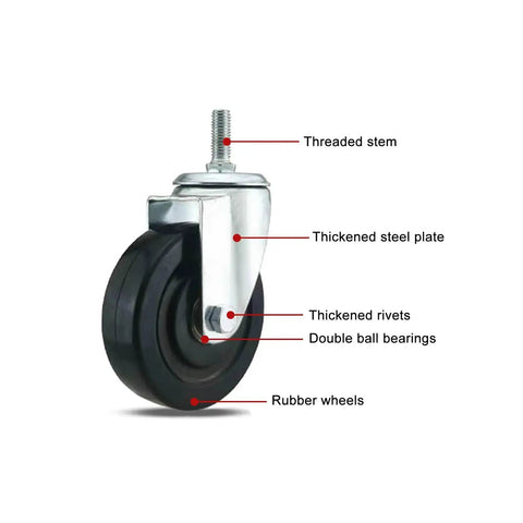 Heavy Duty Quiet Caster Wheels With Brakes Rubber Swivel Castors for Carts Workbenches and Furniture Threaded Stem side view