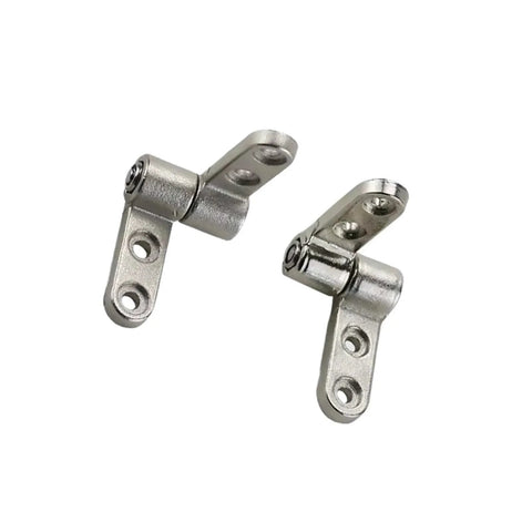 Two silver right-hand 360-degree flip-stop shaft hinges with screw holes