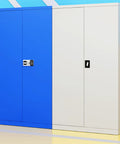 Real Deal High Grade Steel Tool Cabinet With Safety Lock, Lockable Storage Chest Built Dang Tough, garage tool storage with blue and white finish.