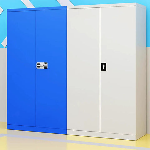 Real Deal High Grade Steel Tool Cabinet With Safety Lock, Lockable Storage Chest Built Dang Tough, garage tool storage with blue and white finish.