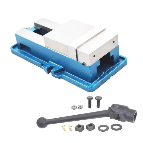5 inch lock down vise for milling and drilling machines with 5 inch jaw width and 5.83 inch opening, flame hardened bed surface