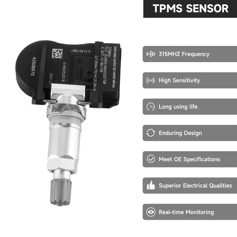 Close-up of 315MHz TPMS Sensor Set of 4 for Mitsubishi Outlander Lancer i-MiEV and Outlander Sport Tire Pressure Monitoring System Replacement Part 4250B975 Direct Fit OE Replacement.