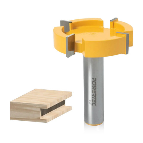 Top Tier Cnc Router Bit For Slab Flattening And Heavy Lumber Surfacing, Half Inch Shank Two Inch Diameter with Carbide Edge and Wooden Sample