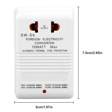 Travel Ready 70W Voltage Converter From 110V Or 120V To 220V Or 240V, front view showing dimensions and labels