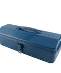 Heavy Duty Iron Toolbox With Extended Telescopic Handle Built Tough For Working Crews And Weekend Home Repair Tasks Blue Metallic Storage Container side view