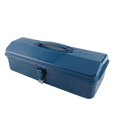 Heavy Duty Iron Toolbox With Extended Telescopic Handle Built Tough For Working Crews And Weekend Home Repair Tasks Blue Metallic Storage Container side view