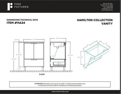 Technical drawing showing dimensions of Heavy Duty 24 Inch Bathroom Vanity With Sink, Matte White Modern Cabinet.