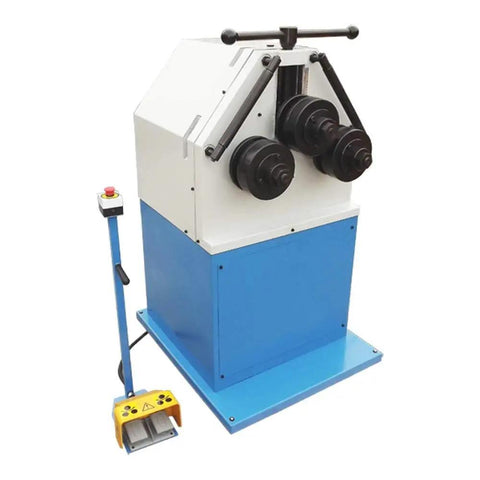 Professional Three Phase Ring Roller Pinch Roll Bender Three Horsepower Industrial Metal Tube Former For 2.75 Inch Round Square Stock, blue and white design with rollers.