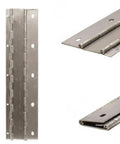 Heavy Duty Dual Piano Hinge For Marine Boats And Trailers 18 Inch 13 Gauge Aluminum Silver close-up with five mounting holes.