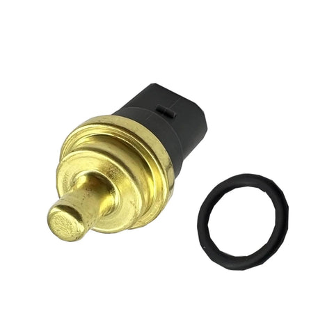 Coolant temperature sensor with brass body, black plastic connector, and sealing O-ring (front view)