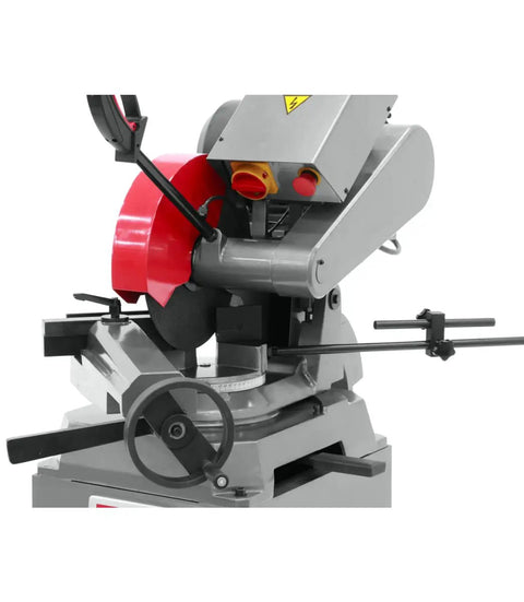 Heavy Hitter 12 Inch Abrasive Cut Off Saw With Five Horsepower Motor And Three Phase 230 460 Volt Power Build, close up.