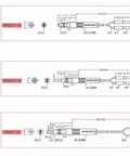 Technical diagram of PRS3Y10, PRS4Y10, and PR6Y10 fiber optic sensor probes with dimensions, showing 2mm fiber and TPV housing.