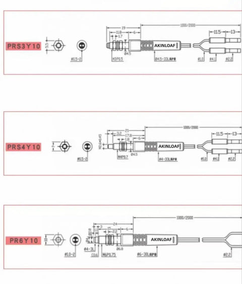Technical diagram of PRS3Y10, PRS4Y10, and PR6Y10 fiber optic sensor probes with dimensions, showing 2mm fiber and TPV housing.