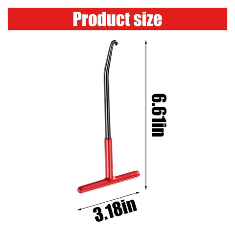 Side view of motorcycle exhaust spring puller with red T-handle and black curved shaft, 6.6 in tall, 3.18 in wide