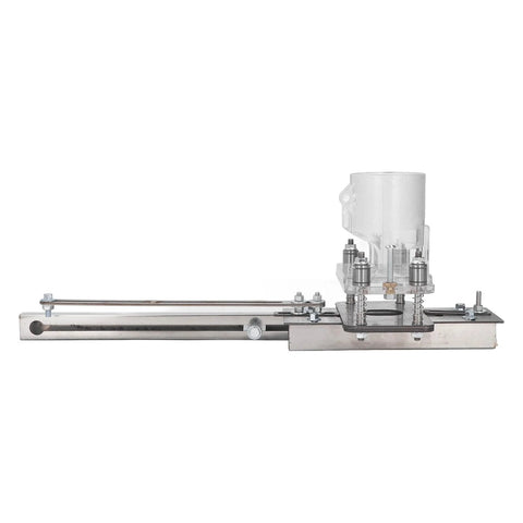 Wood router tool with adjustable guide rail and clear guard for grooving and chamfering.