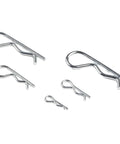 Assorted sizes of galvanized carbon steel hitch pins from Cotter Pin Assortment Kit With 100 Pieces Of Galvanized Carbon Steel Hitch Pins And Tractor Clips In Handy Storage Box For Cars Trailers Machinery Lawn And Yard Projects Pro Grade Gear.