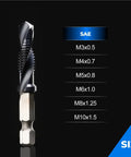 Close-up of Metric M3 To M10 6Pc Combo Drill And Tap Bit Set with sizes M3x0.5 to M10x1.5, steel with TiAlN coating.