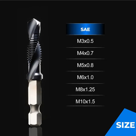 Close-up of Metric M3 To M10 6Pc Combo Drill And Tap Bit Set with sizes M3x0.5 to M10x1.5, steel with TiAlN coating.