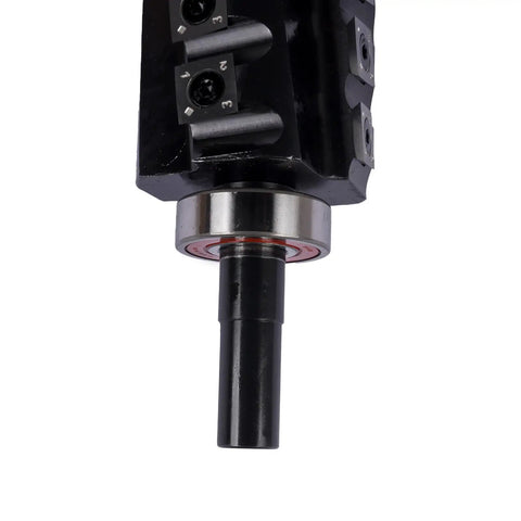 Badass Six Inch Spiral Cutter Head Replacement For Professional Jointer Work With Four Row Twenty Eight Carbide Inserts showing the cutter head underside.