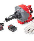 Heavy Duty Cordless Drain Snake With Brushless Motor And Twenty Five Foot Steel Cable Blasts Away Stubborn Clogs Fast with battery and charger.
