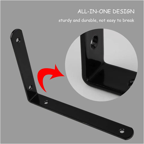 Heavy Duty L Shaped Corner Brackets For Wall Mounting Rock Solid Right Angle Metal shelf support in black steel design.