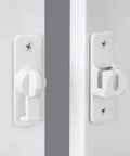 White Aluminum Alloy Gate Lock Featuring Dual Angle Design For Rugged Barn Door Latch Security showing pivot mechanism and bracket.