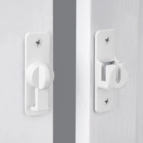 White Aluminum Alloy Gate Lock Featuring Dual Angle Design For Rugged Barn Door Latch Security showing pivot mechanism and bracket.