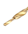 Titanium-Coated Twist Step Drill Bit Set For Pocket Hole Machines, Heavy-Duty Woodworking Tool For Side And End Milling, Finishing And Drilling 8-4, 9-5, 10-5, 10-6, 12-8 Mm Holes, Works On Wood, Aluminum, Plastic, Copper, Cast Iron. Close-up of gold drill bit