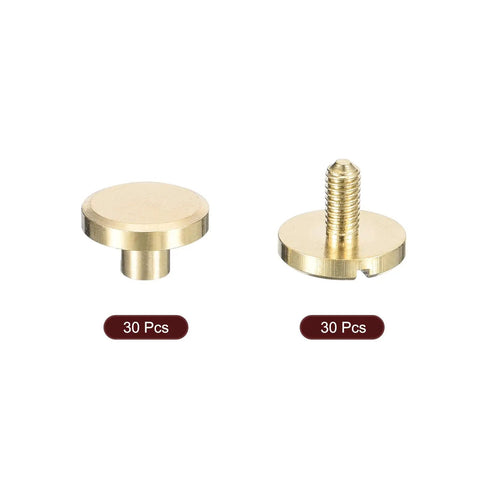 Heavy Duty Brass Chicago Screws 30 Pack Flat Head Binding Posts with slotted design and threaded shaft for leather crafting.