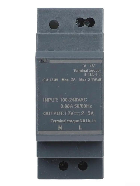 Rail Mounted Switching Power Supply Delivering Knockout DC Stability With A Beefy Smart IC Chip And Copper Transformer, shown front view.